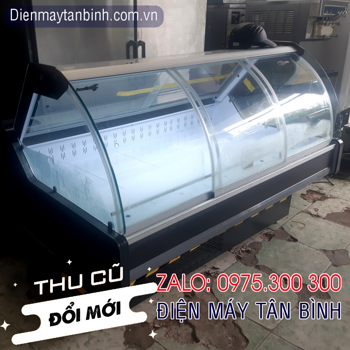 Bán tủ mát cũ kính cong trưng bày thịt heo Snow Village (Dài 2m)