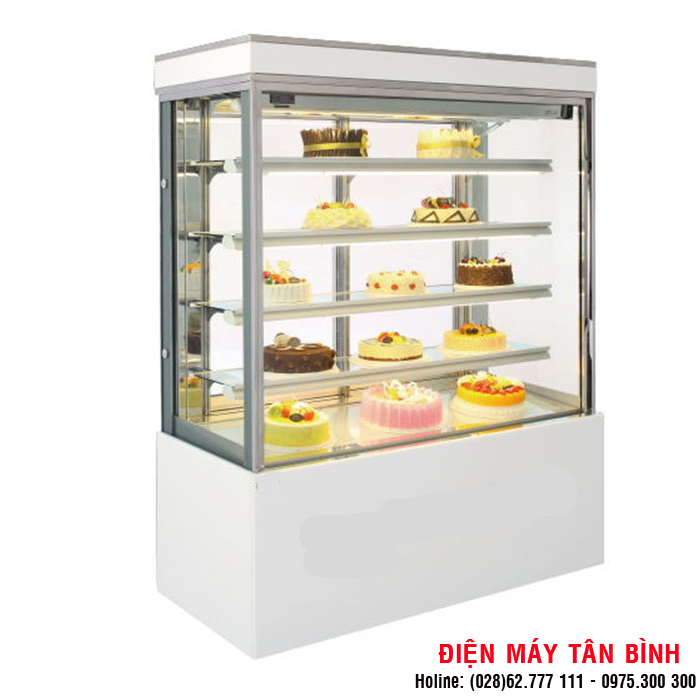 Tủ bánh kem màu trắng 5 tầng 4 mặt kính (Ngang 1m5)