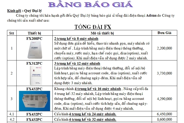 Bảng báo giá tổng đài điện thoại Adsun bảo hành :18 tháng (kể cả sét đánh)