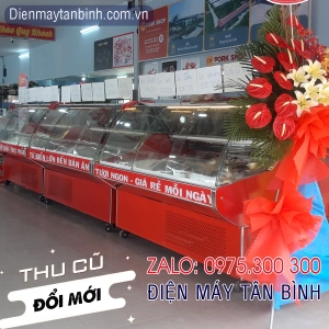 Tủ mát cũ nằm ngang cửa lùa trưng bày thịt heo dài 2m